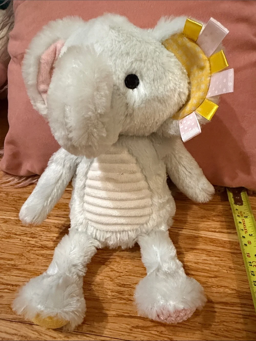 Plush Light Gray Elephant Stuffed Animal with Pink & Yellow Accents